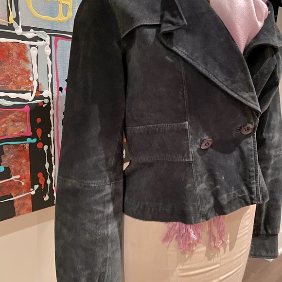Cropped black genuine suede double breasted jacket - Picture 1 of 4